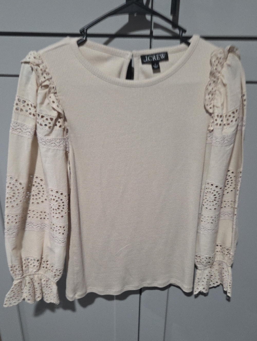 J. Crew Cream Knit Top with Eyelet Ruffle Sleeves